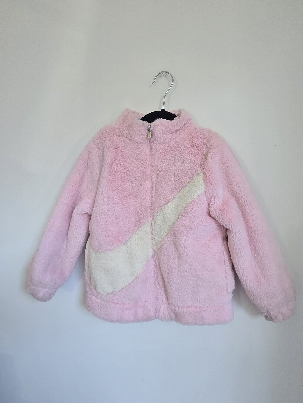 Nike Pink Faux Fur Puffer Jacket with White Swoosh